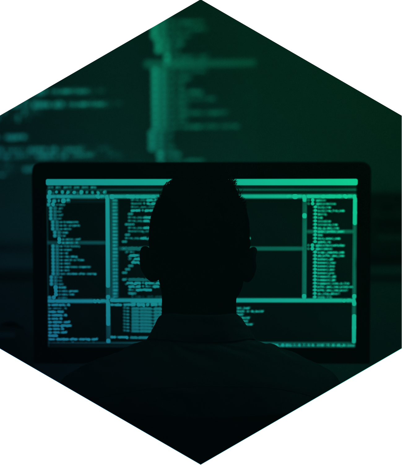 person seen from the back looking at his computer monitor seen through green filter