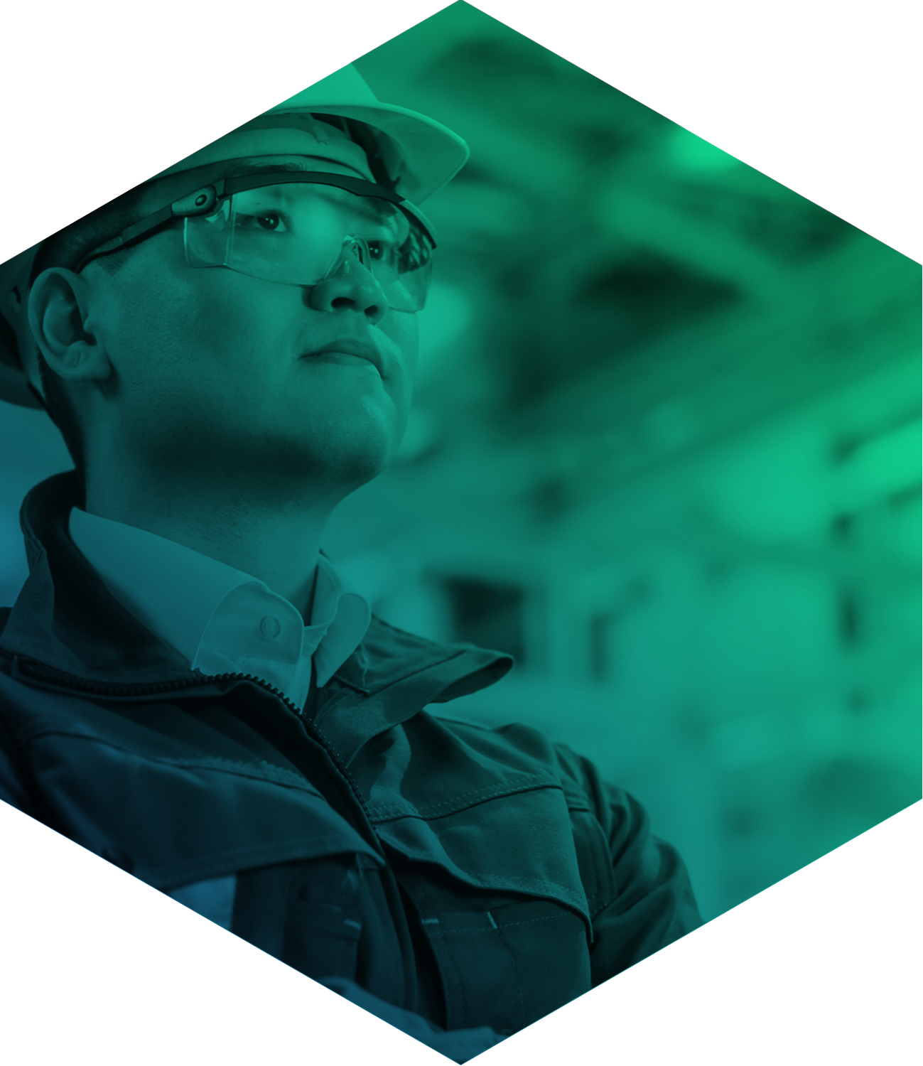 Student wearing hard hat and safety glasses seen through green filter