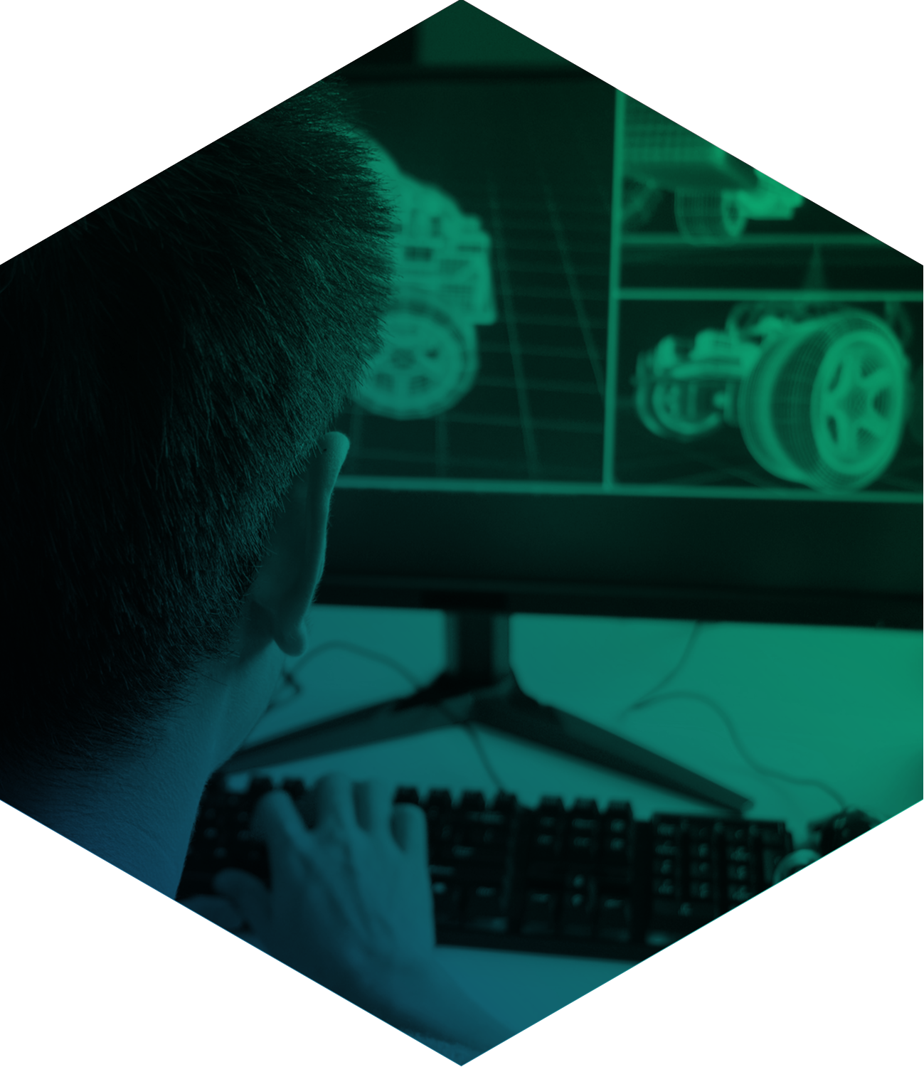 student working at a computer on 3D modeling seen through green filter
