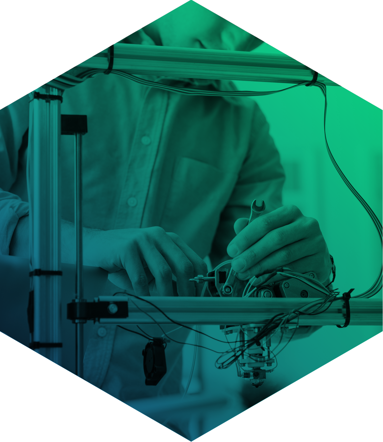 Student working on robotics seen through green filter