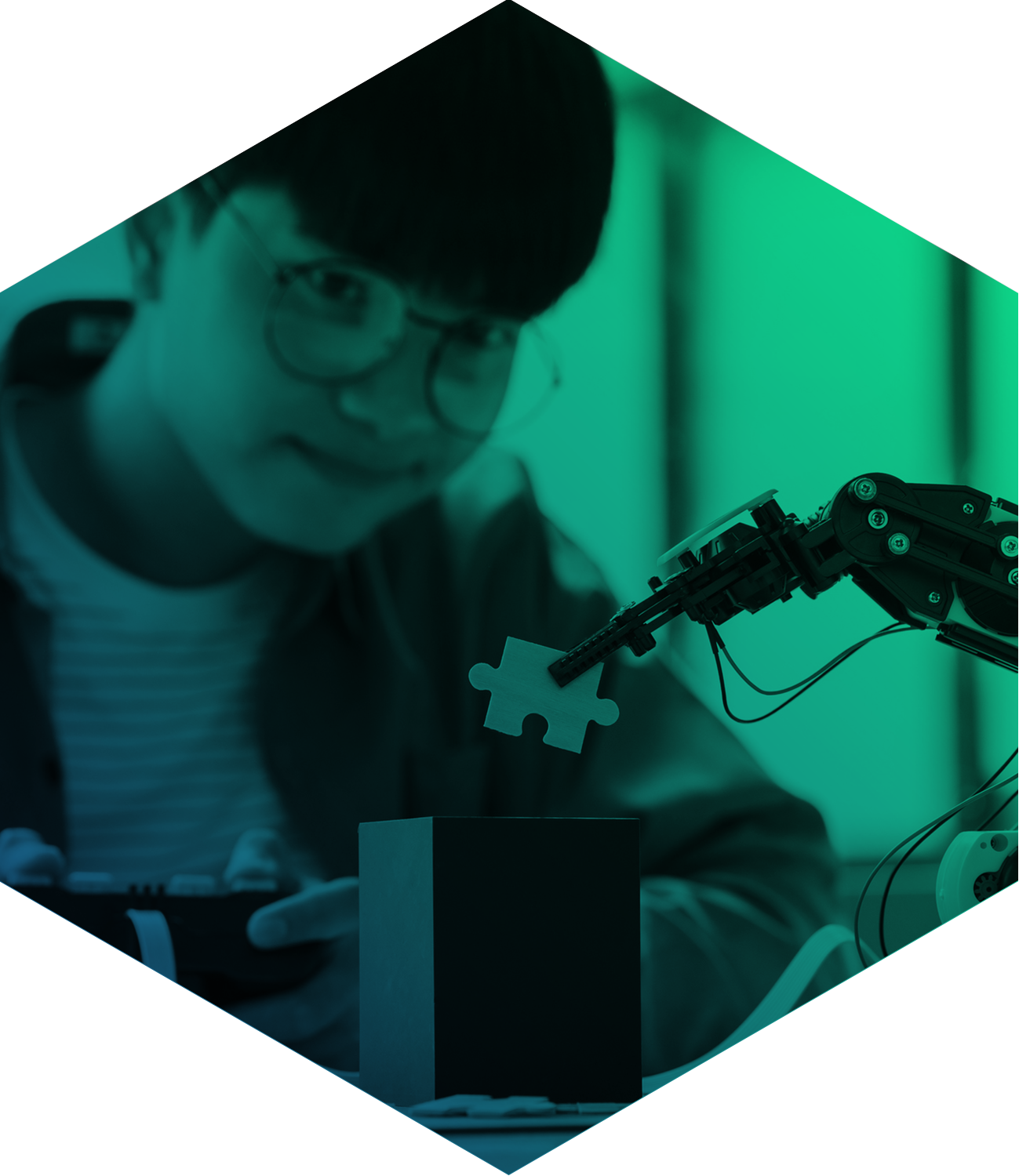 student watching a robot holding a puzzle piece seen through green filter